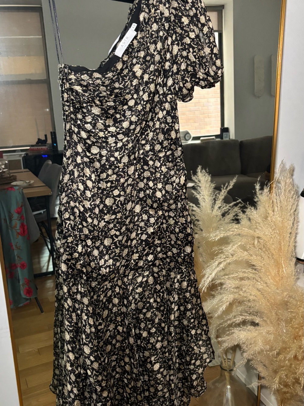 Astr Black One-Shoulder Floral Midi Dress with Cream Print